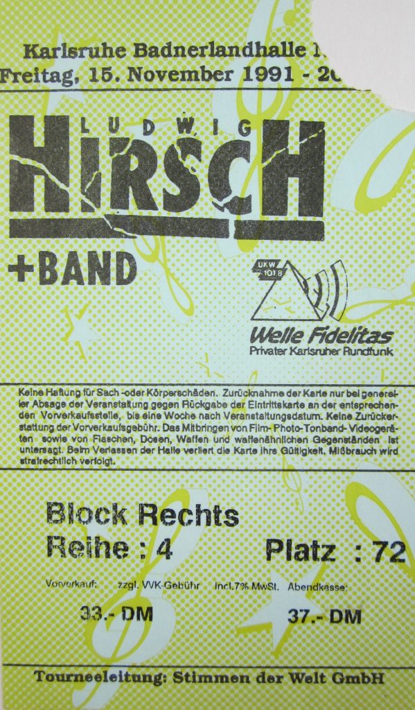 Ludwig Hirsch und Band in der Karlsruher Badnerlandhalle am 15 November 1991 um 20:00 Uhr (Scan von Werner Kühn - Koditek)