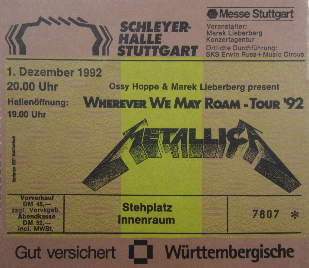 Metallica "Wherever we may roam - Tour 1992" in der Schleyerhalle Stuttgart am 1 Dezember 1992 um 20:00 Uhr (Scan von Werner Kühn - Koditek)