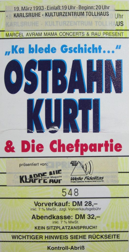 Ostbahn Kurti & Die Chefpartie am 19 März 1993 im Kulturzentrum Tollhaus, Karlsruhe (Scan von Werner Kühn - Koditek)