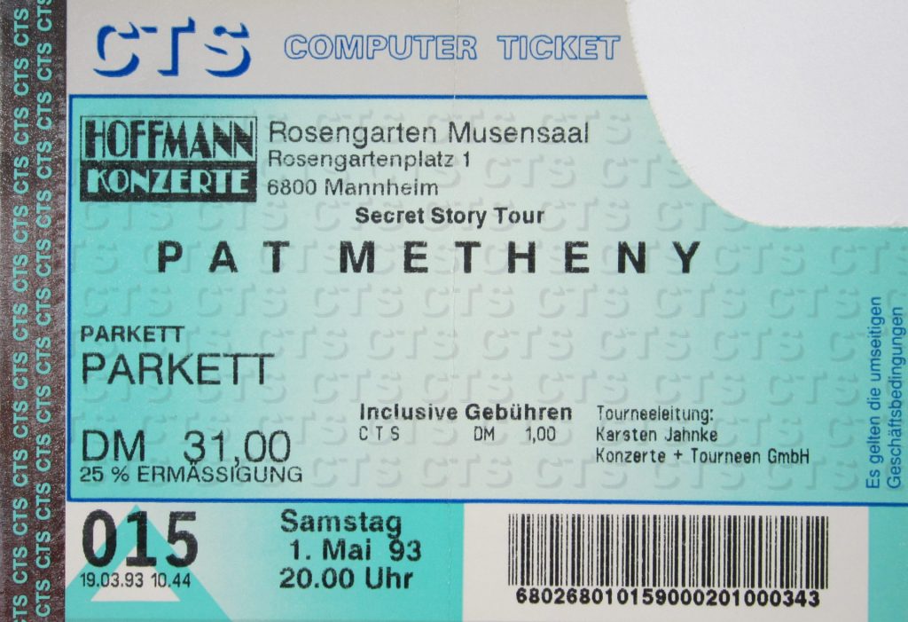 Pat Metheny "Secret Story Tour" im Rosengarten Musensaal am Rosengartenplatz 1 in 6800 Mannheim am 1.Mai 1993 (Scan von Werner Kühn - Koditek)