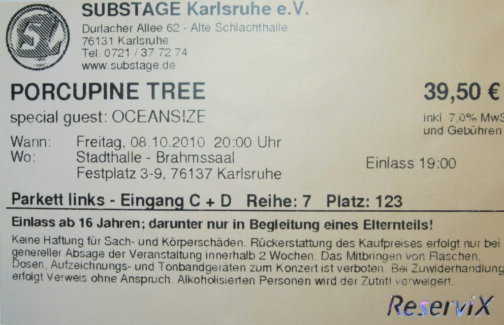 Porcupine Tree (special guest: Oceanside) am Freitag den 8.10.2010 im Brahmssaal der Stadthalle Scan von Werner Kühn - Koditek)