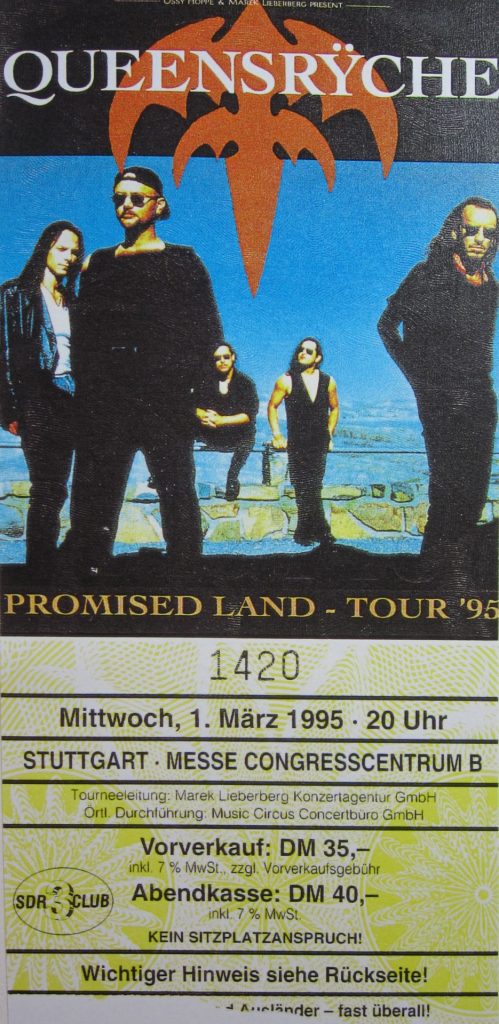 Queensrÿche "Promised Land Tour '95" am 1 März 1995 um 20:00 Uhr im Stuttgarter Messe Congresscentrum B (Scan von Werner Kühn - Koditek)