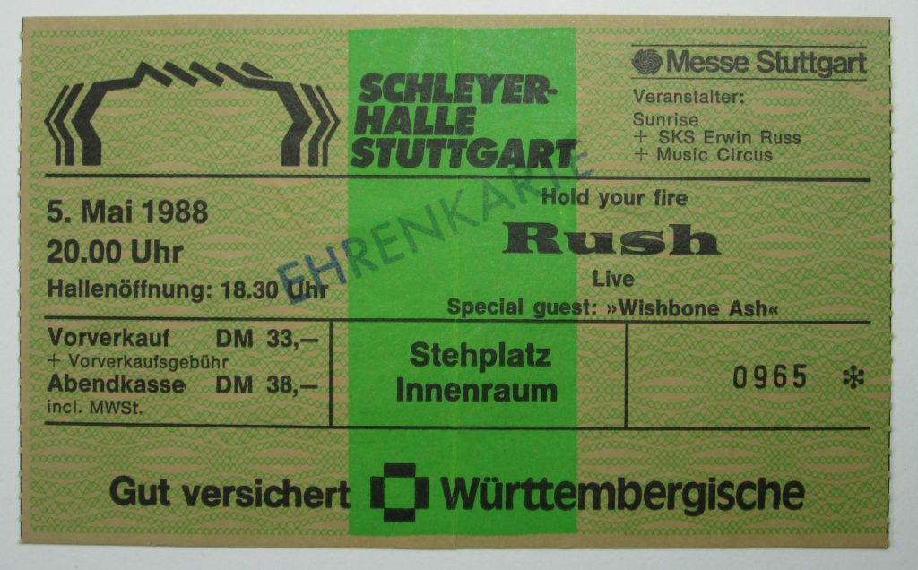 Rush " Hold your Fire" mit Special Guest: Wishbone Ash in der Schleyer Halle Stuttgart am 5. Mai 1988 (Scan von Werner Kühn - Koditek)