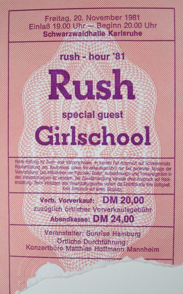 Rush - Rush Hour '81 mit Special Guest Girlschool am 20 November 1981 um 20 Uhr in der Schwarzwaldhalle Karlsruhe (Scan von Werner Kühn - Koditek)