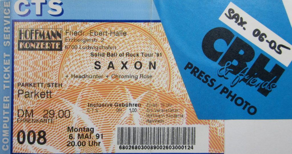 Saxon + Headhunter + Chroming Rose "Solid Ball of Rock Tour '91" in der Friedrich -Ebert-Halle in Ludwigshafen am 6. Mai 1991 um 20:00 Uhr (Scan von Werner Kühn - Koditek)