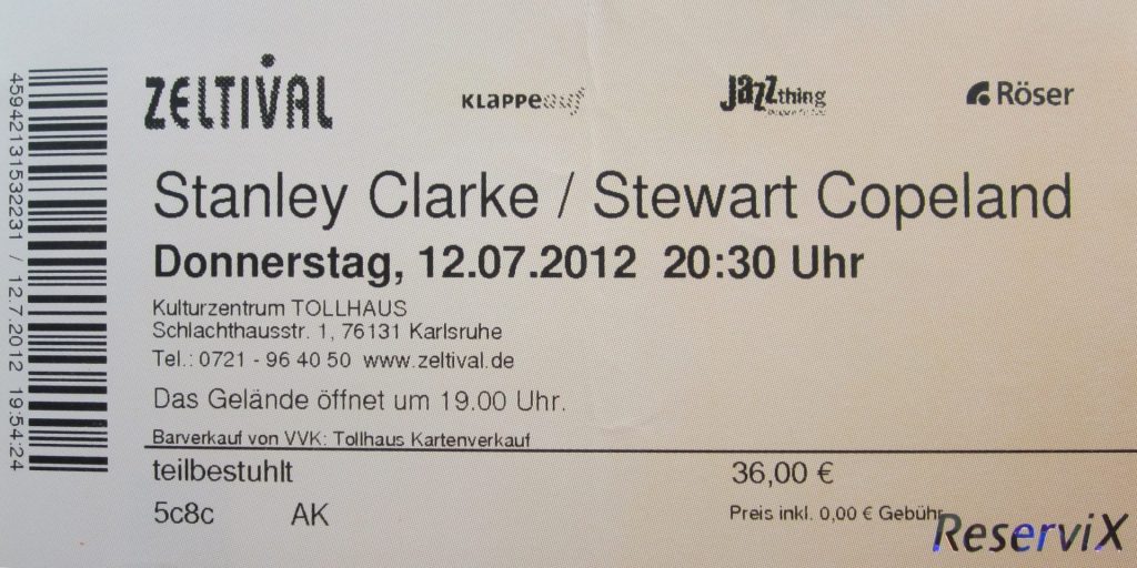 Stanley Clark / Stewart Copeland im Zeltival vom Tollhaus am 12.07.2012 um 20:30 (Scan von Werner Kühn - Koditek)