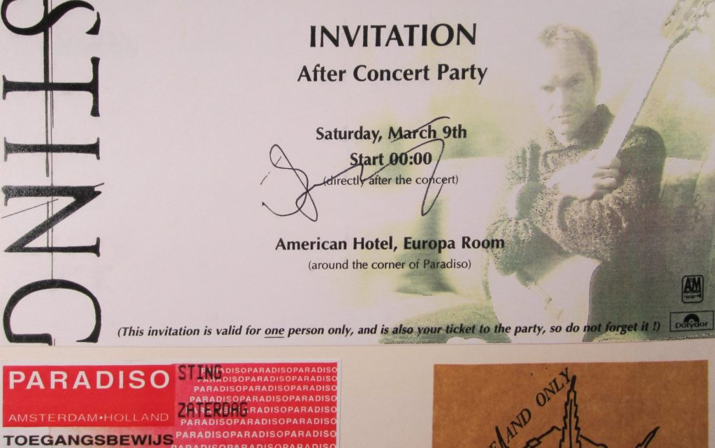 Sting - Einladung am 9 März 1996 zur Afer Concert Party im American Hotel neben dem Paradiso in Amsterdam (Scan von Werner Kühn - Koditek)