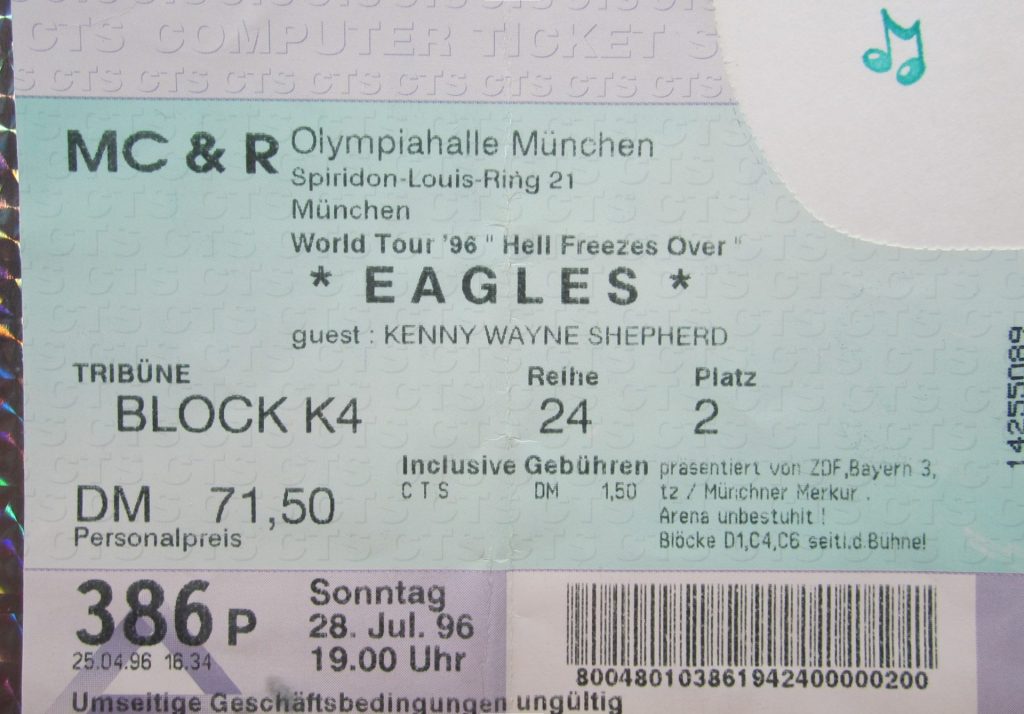 The Eagles "World Tour 1996: Hell freezes over" Guest: Kenny Wayne Sheherd am 28 Juli 1996 um 19:00 in der Olympiahalle München (Scan von Werner Kühn - Koditek)
