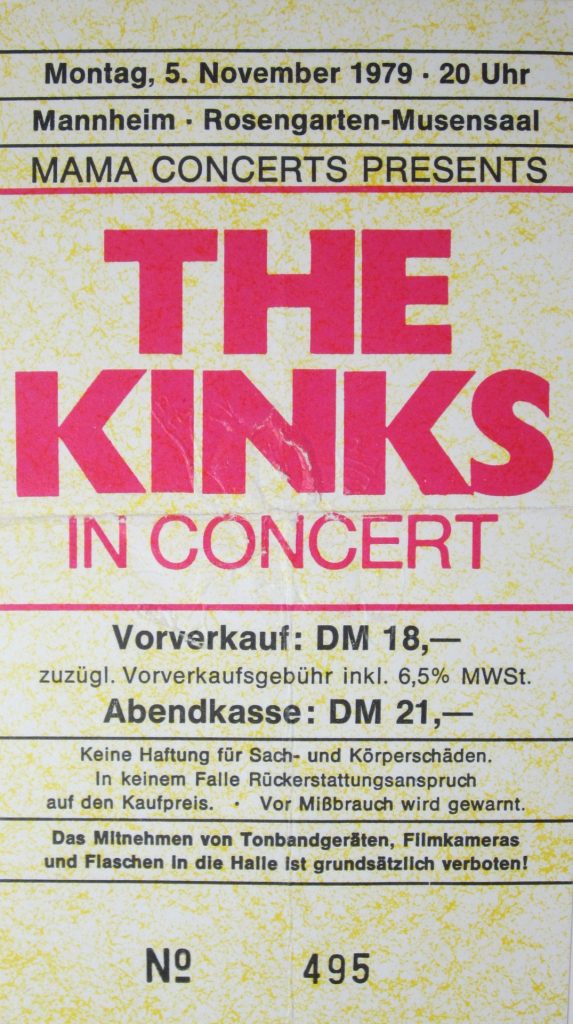 The Kinks in Concert im Rosengarten-Musensaal in Mannheim am 5 November 1979 um 20:00 (Scan von Werner Kühn - Koditek)
