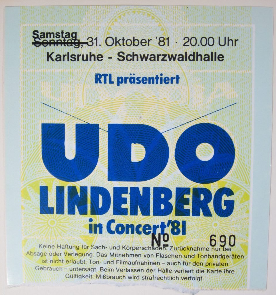 Udo Lindenberg in Concert 81 , am Samstag dem 31 Oktober 1981 in der Schwarzwaldhalle Karlsruhe (Scan von Werner Kühn - Koditek)