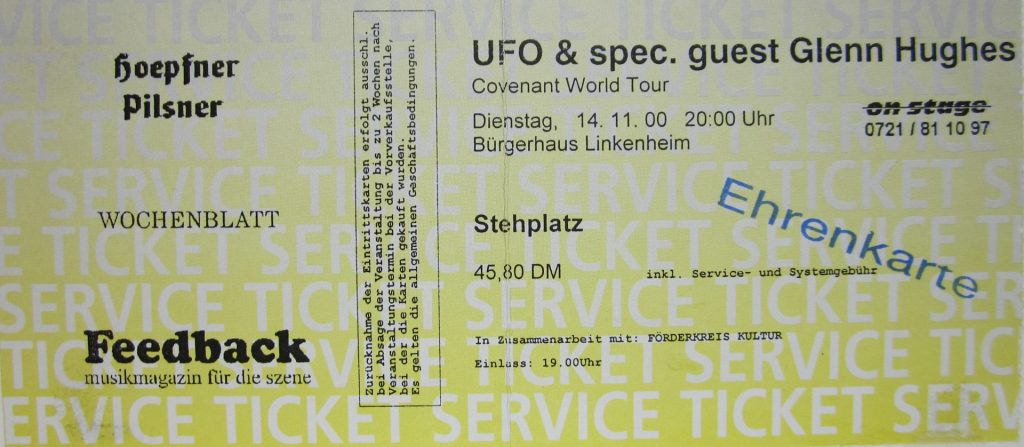UFO & spec. guest Glenn Hughes "Convenant World Tour" Dienstag, den 14.11.2000 im Bürgerhaus Linkenheim (Scan von Werner Kühn - Koditek)