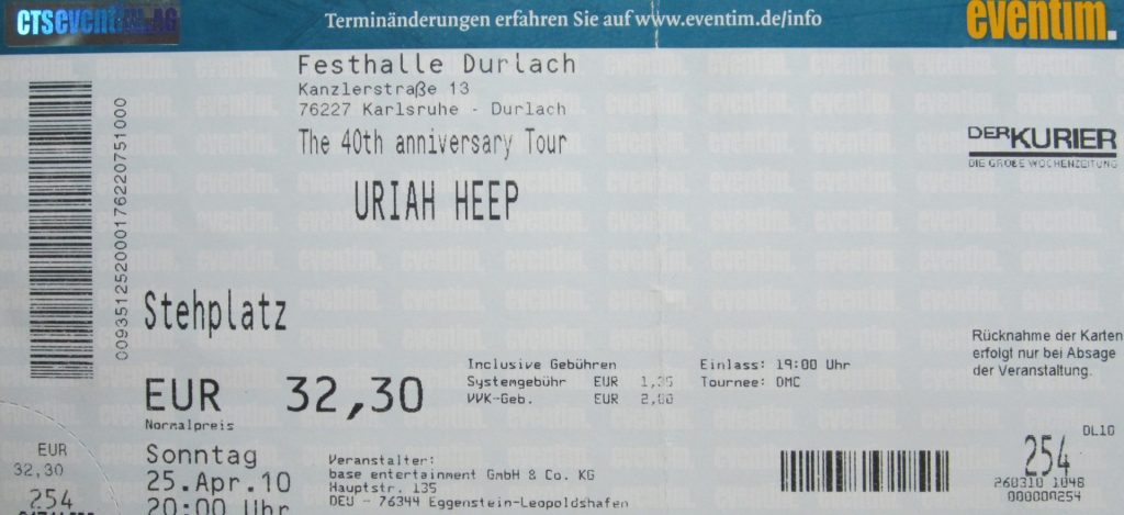 Uriah Heep in der Festhalle Durlach, Kanzlerstraße 13, 76227 Karlsruhe - Durlach - The 40th anniversary Tour am 25 April 2010 um 20:00 Uhr (Scan von Werner Kühn - Koditek)