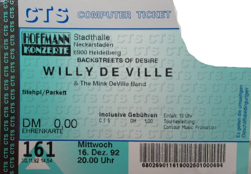 Willy De Ville & Mink DeVille Band in der Stadthalle in Heidelberg am 16. Dezember 1992 um 20:00 (Scan von Werner Kühn - Koditek)
