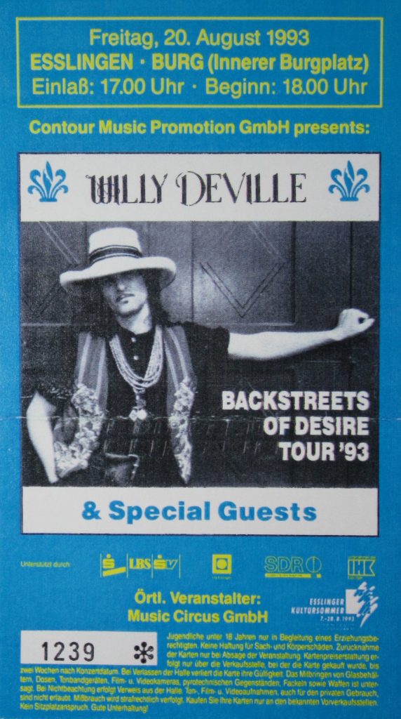 Willy DeVille "Backstreet of Desire" Tour 1993 & Special Guests in Esslingen auf der Burg (innerer Burgplatz) am 20. August 1993 um 18:00 Uhr (Scan von Werner Kühn - Koditek)
