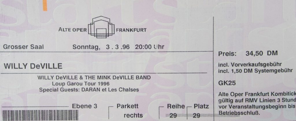 Willy deVille & the Mink DeVille Band auf der Loup Garo Tour 1996 mit Special Guest: Daran et Les Chaises in der Alten Oper in Frankfurt am 03.03.1996 (Scan von Werner Kühn - Koditek)