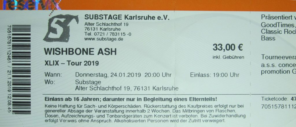 Wishbone Ash im Substage Karlsruhe e.V. am 24.01.2019 um 20:00 Uhr (Scan von Werner Kühn - Koditek)