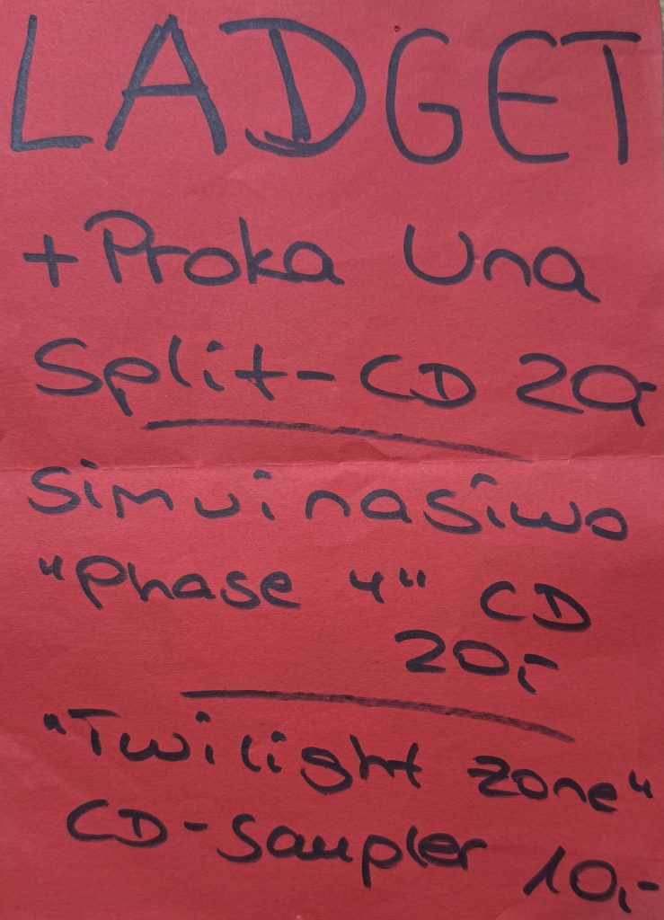 Ladget Preisliste vom Merch im Kunstverein Nürnberg (Konzert am 01.11.1997)