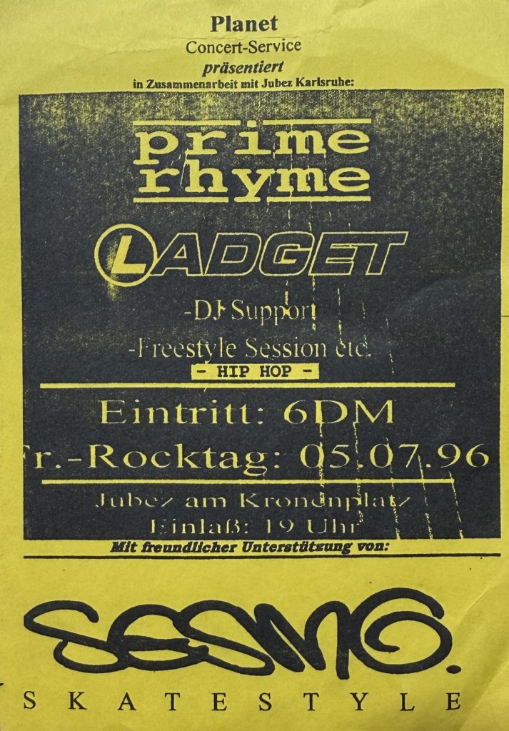 Flyer für Prime Rhyme, Ladget im Jubez am Kronenplatz am 05.07.1996