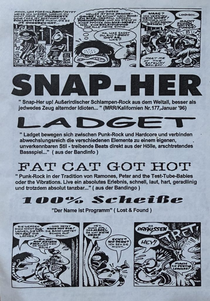 Flyer für Snap-Her, Ladget, Fat Cat Got Hot und 100% Scheiße. 12.06.1999 Jugendhaus Tuttlingen
(Rückseite)