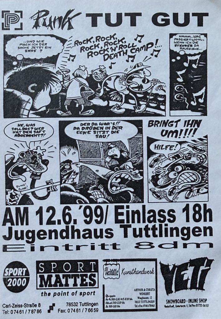 Flyer für Snap-Her, Ladget, Fat Cat Got Hot und 100% Scheiße. 12.06.1999 Jugendhaus Tuttlingen