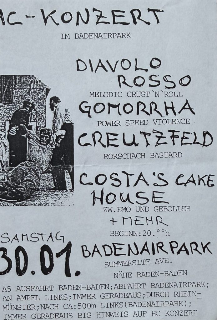 HC-Konzert im BadenAirpark mit Diavolo Rosso, Gomorrha, Creutzfeld und Costa's Cake House am 20.01 im BadenAir-Park in der Summersite Ave. nähe Baden-Baden