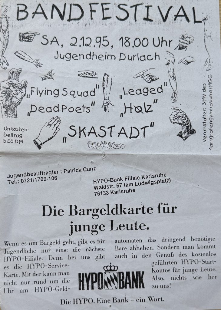 Bandestival am 2.12.1995 im Jugendheim Durlach mit Flying Squad, Ladget, Dead Poets, Holz und Skastadt