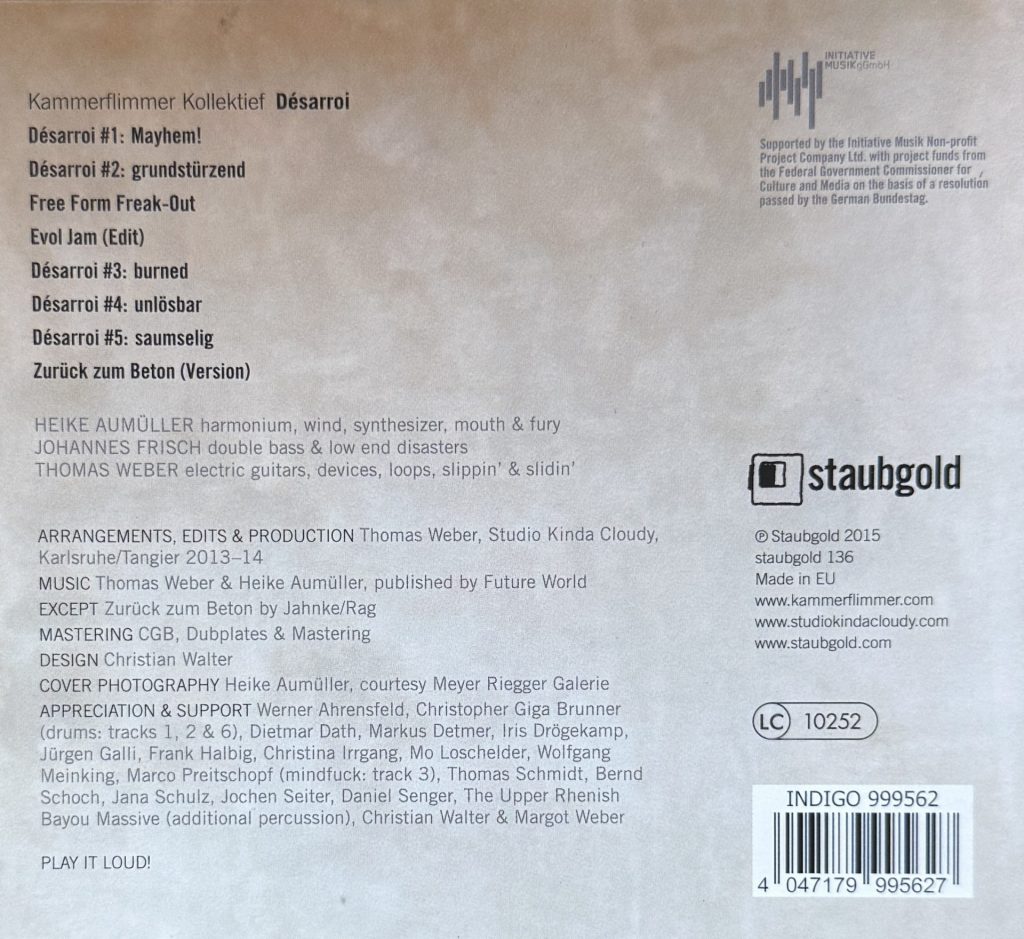 Kammerflimmer Kollektiv, Désarroi, Rückseite (Backcover) der CD (Staubgold 2015)