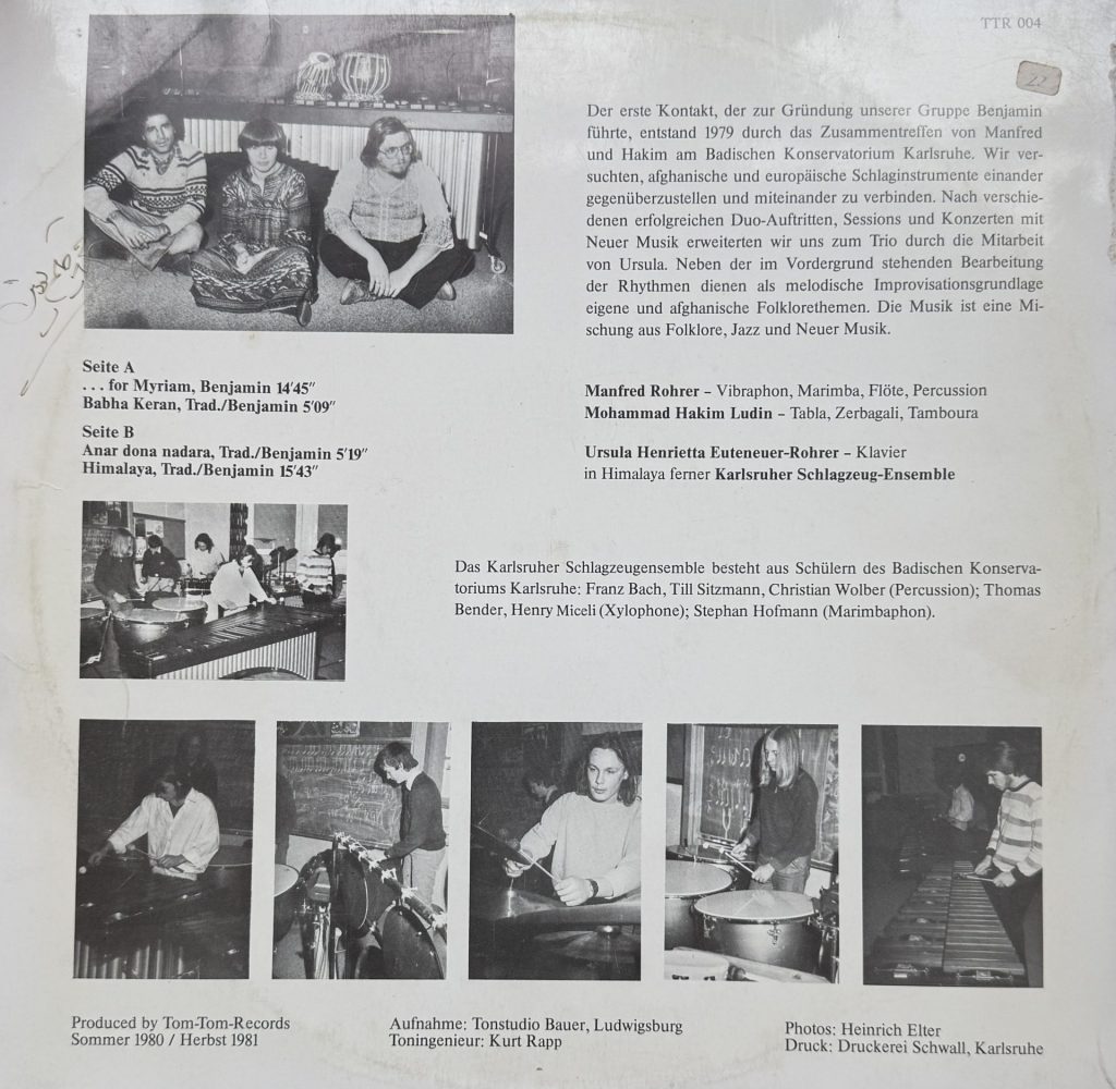 Musik mit Schlaginstrumenten - Benjamin und Gäste: Mafred Rohrer (Vibraphon, Marimba, Flöte, Percussion) - Mohammad Hakim Ludin (Tabla, Zerbargali, Tamboura) - Ursula Henrietta Euteneuer-Rohrer (Klavier) und das Karlsruher Schlagzeug-Ensemble