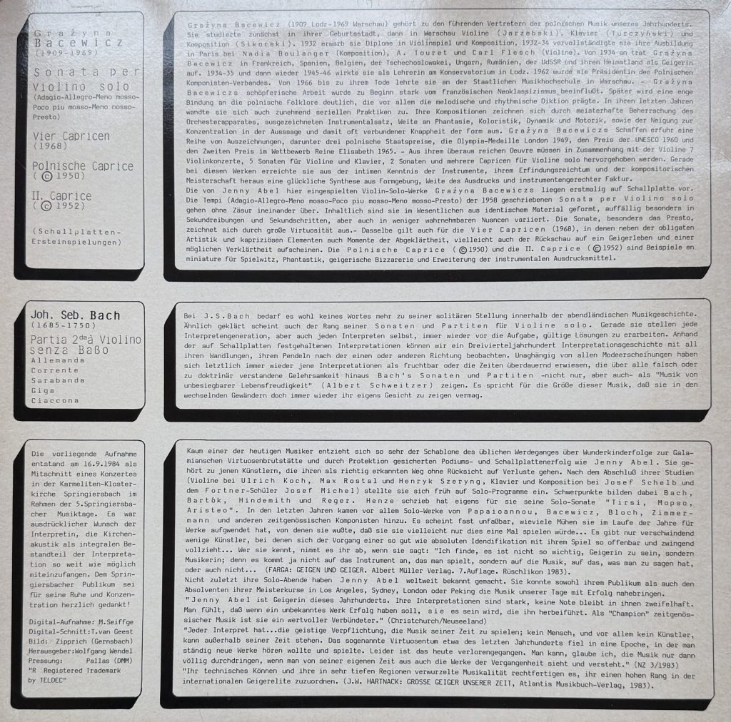 Jenny Abel - Violin - Solo - Recital - (2) - Johann Sebastian Bach: Partita Nr. d-moll für Violine solo - Grazyna Bacewicz: Sonate für Violine Solo (1958)