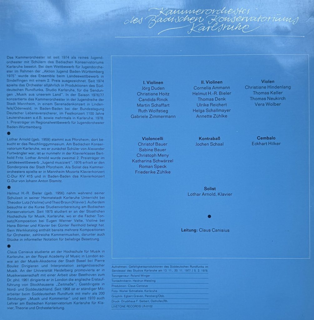 Kammerorchester des Badischen Konservatoriums Karlsruhe - Leitung: Claus Canisius - Bieter, Boccherini, Ertbach-Erbach, Stamitz