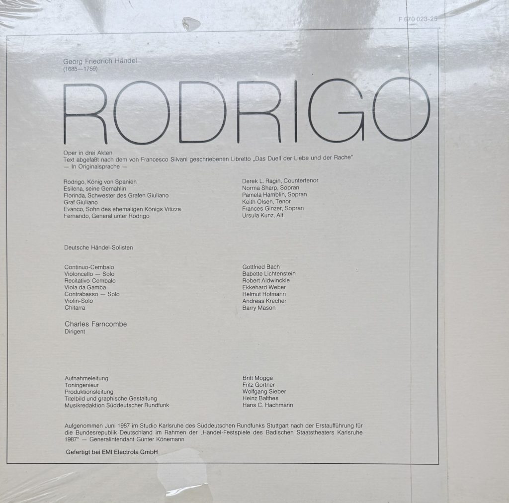 Badisches Staatstheater Karlsruhe - Rodrigo (Georg- Friedrich Händel) mit Derek, L. Ragin, Norma Sharp, Pamela Hamblin, Keith Olsen, Frances Ginzer, Ursula Kunz, Gottfried Nach, Babette Lichtenstein, Robert Aldwinckle, Eckkehard Weber, Helmut Hofmann, Andreas Krecher, Barry Mason (1987)