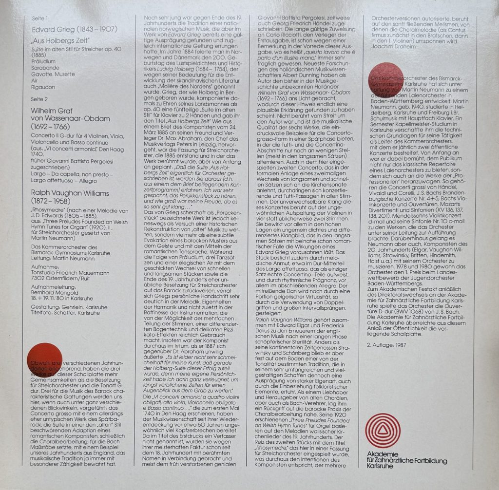 Kammerorchester des Bismarck-Gymnasiums: Leitung Martin Neumann (Label: Akademie der Zahnärztlichen Fortbildung)