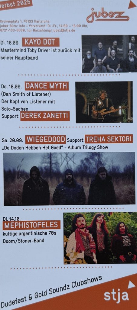 Herbst 2025 - Jubez Programm - mit Kayo Dot, Dance Myth, Derek Zanetti, Wiegedood, Treha Sektor, Mephistofeles, Divide and Dissolve, Idaho, Amenra, Slow Crush und Immortal Onion
