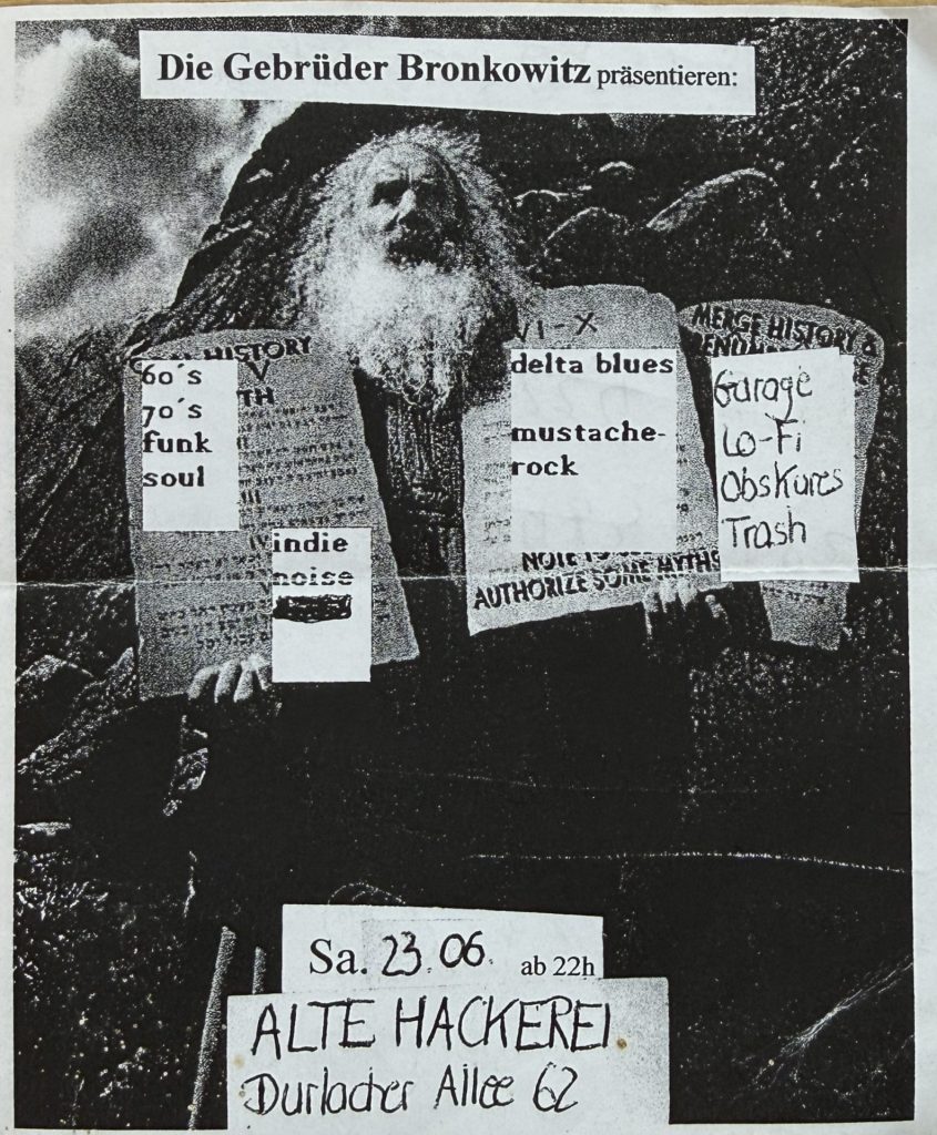 Die Gebrüder Bronkowitz präsentieren 60's/70's Funk-Soul/Indie-Noise/delta blues/moustache rock/Garage Lo-Fi-Obskure Trash am 23.06. ab 22h in der Alten Hackerei (Durlacher Allee 62)