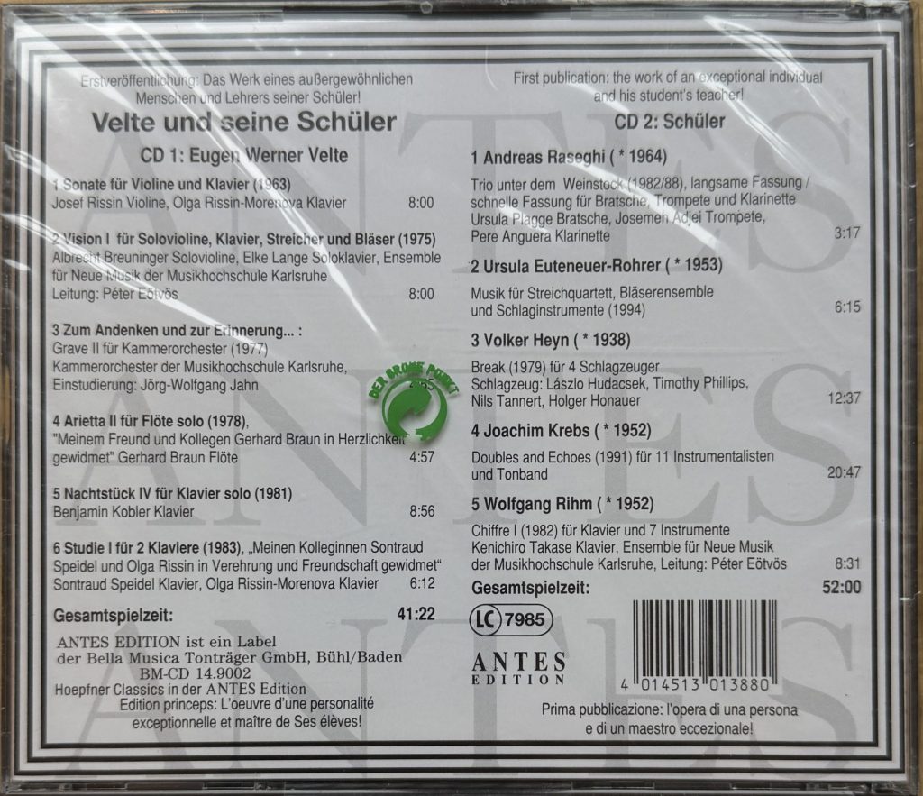 Velte und seine Schüler CD 1: Eugen Werner Velte - CD 2: Schüler (Mit Werken von Andreas Raseghi, Ursula Euteneuer-Rohrer, Volker Heyn, Joachim Krebs, Wolfgang Rihm) Unter Mitwirkung von : Josef Rissin, Olga Rissin-Morenova, Albrecht Breuninger, Elke Lange, Ensemble für Neue Musik der Musikhochschule Karlsruhe, Kammerorchester der Musikhochschule Karlsruhe, Gerhard Braun, Sontraud Speidel, Ursula Plange, Josemeh Adjei, Pare  Anguera, Laszlo Hudacsek, Timothy Phillips, Nils Tannert, Holger Honauer, Kenichiro Takase