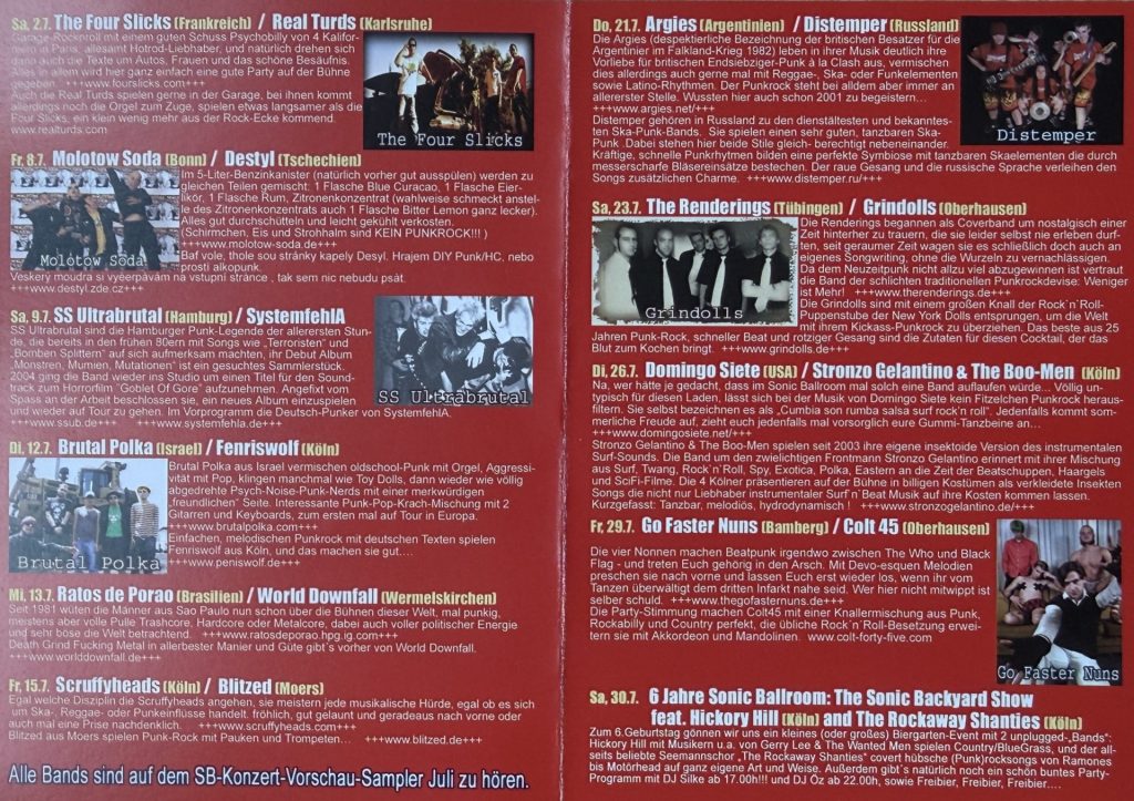 Flyer (Ankündigung) vom Sonic Ballroom in Köln Ehrenfeld (Auftritt der Real Turds) vom Juli 2005 (Real Turds am 2.07.2005)