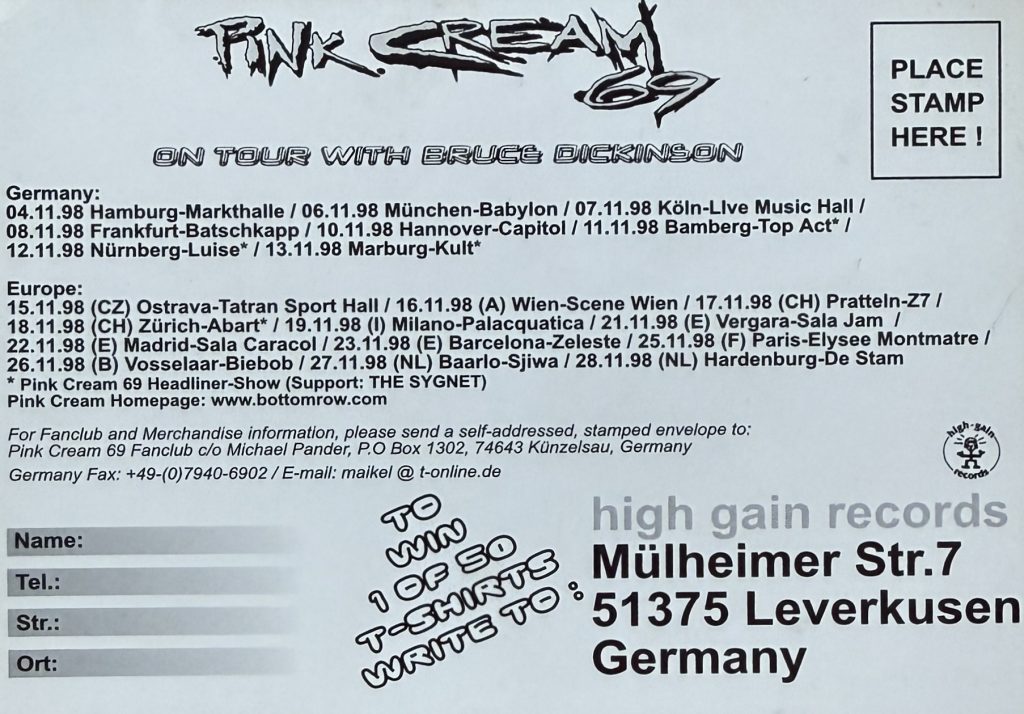 Pink Cream 69 - Electrified - Promo Postkarte - 1998