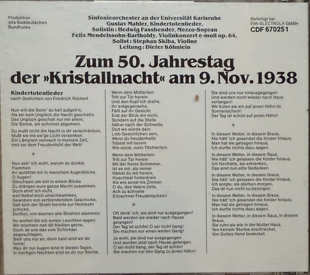 Mahler - Mendelssohn - Sinfonieorchester der Universität Karlsruhe Leitung: Dieter Köhnlein -Zum 50. Jahrestag der "Kristallnacht" am 9. November 1938