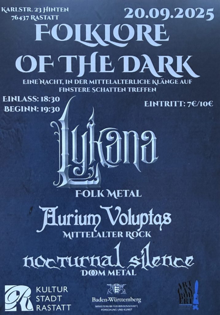 Folklore of the dark - Eine Nacht, in der mittelalterliche Klänge auf finstere Schatten treffen - mit Lykana (Folk Metal) , Aurium Voluptas (Mittelalter Rock) und Nocturnal Silence (Doom Metal) am 20.09.2025