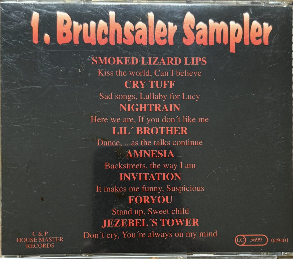 1. Bruchsaler Sampler mit Smoked Lizard Lips (Kiss the World, can I believe), Cry Tuff (Sand Songs, Lullaby for Lucy), Nighttrain (Here we are, If you don't like me), Lil' Brother (Dance, ...as the talks continue), Amnesia (Backstreets, The way I am), Invitation (It makes me funny, Suspicious), Foryou (Stand up, Sweet child), Jezebel's Tower (Don't cry, You are always on my mind)