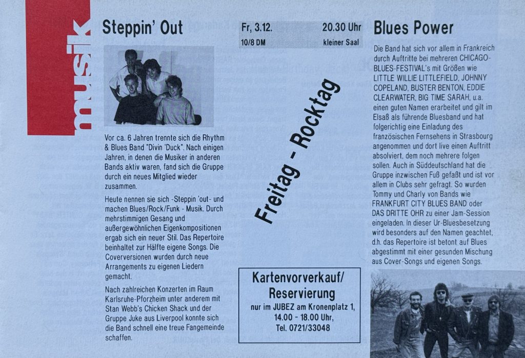 Jubez-Programm im Dezember 1993 (mit Steppin' Out und Blues Power) - Ausschnitt aus dem Programmheft