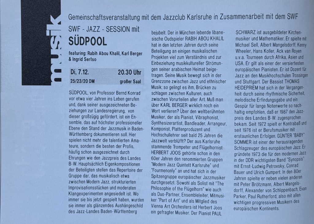 Jubez  Programmheft Dezember 1993 - Ausschnitt - Gemeinschaftsveranstaltung mit dem Jazzclub Karlsruhe in Zusammenarbeit mit dem SWF: Jazz-Session mit Südpol (featuring. Rabih Abou Khalil, Karl Berger, Ingrid Sertso) am 7.12 1993