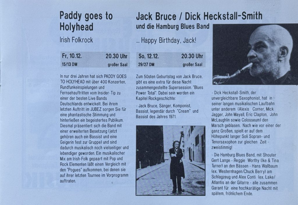 Jubez  Programmheft Dezember 1993 - Ausschnitt - Paddy goes to Holyhead und Jack Bruce/ Dick Heckstall-Smith und die Hamburg Blues Band in der Ankündigung für Dezember 1993