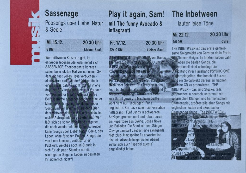 Jubez  Programmheft Dezember 1993 - Ausschnitt - Sassenage, Play it again, Sam! und The Inbetween in der Ankündigung für Dezember 1993