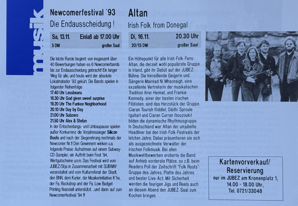 Jubez Programmheft November 1993 (Ausschnitt) mit Altan und dem Newcomerfestival von 1993 ( Teilnehmer: Lessbeans, God given sweet suprise, The Funkee Neighborhood, Day by Day, Subzero, Alex & Stefan)