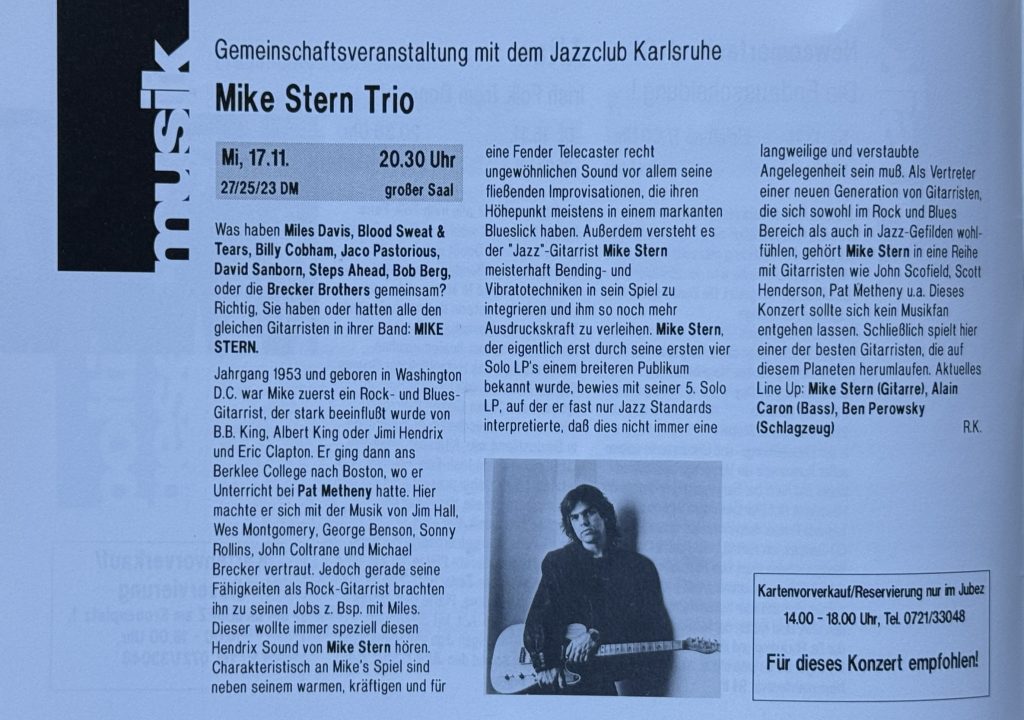 Jubez Programmheft November 1993 (Ausschnitt) mit Mike Stern Trio (Gemeinschaftsveranstaltung mit dem Jazzclub Karlsruhe)