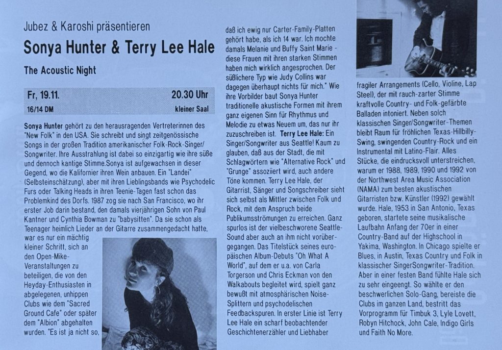 Jubez Programmheft November 1993 (Ausschnitt) Sonya Hunter und Terry Lee Hale - Acoustic Night (in Zusammenarbeit mit Karoshi)