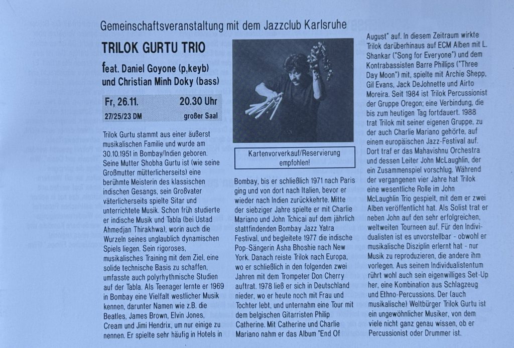 Jubez Programmheft November 1993 (Ausschnitt) Trilok Gurtu Trio (Gemeinschaftsveranstaltung mit dem Jazzclub Karlsruhe)