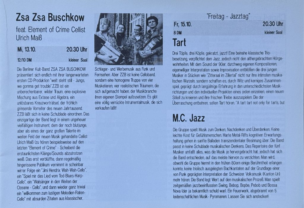 Jubez-Programm vom Oktober 1993 mit Zsa Zsa Buschkow, Tart und MC Jazz
