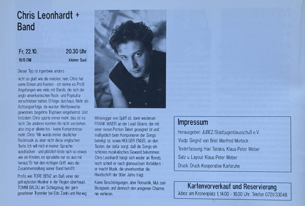 Jubez-Programm vom Oktober 1993 mit Chris Leonhardt + Band